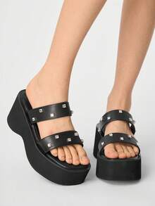 Sugerpunk Women's Black Rhinestone Wedge Platform Slide Sandals - Black - View 1