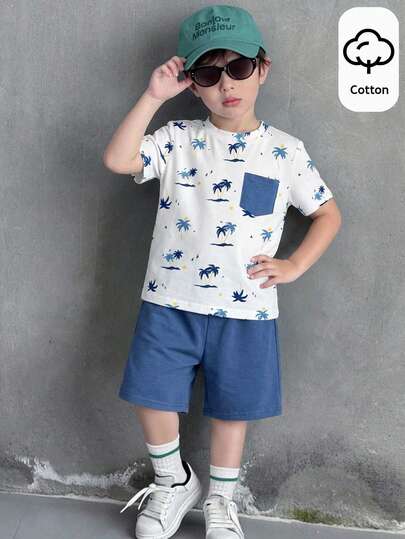 SHEIN 2pcs/Set Boys Casual Coconut Tree Print Round Neck Short Sleeve T-Shirt And Elastic Waist Woven Shorts Set, Suitable For Birthday Party, Party, Performance, Wedding, Baptism, Back To School, Daily Wear, School, Travel, Sports, Spring And Summer Toddler Boy