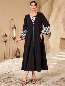 SHEIN Najma Đầm dài tay dáng rộng phong cách Ả Rập thường ngày, họa tiết hình học, phối nhiều mảnh, dành cho nữ. - màu đen - Xem 2
