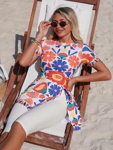 Swim Mulvari 4-Piece Beachside Casual Vacation Print Side Drawstring Short Sleeve Top + Solid Color Elastic Waist 5-Inch Shorts, 2-Piece Vest Camisole Bikini Set, Hot Selling All Season - Multicolor - View 5
