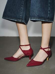 秋冬女士尖头镂空交叉绑带日常高跟鞋，优雅，猫跟，派对鞋 - 酒紅色 - 查看 5