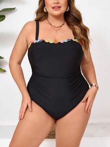 SHEIN CURVE+ 加大码女士黑色花卉饰边可拆卸肩带连体泳衣，适合海滩穿着 - 黑色 - 查看 4