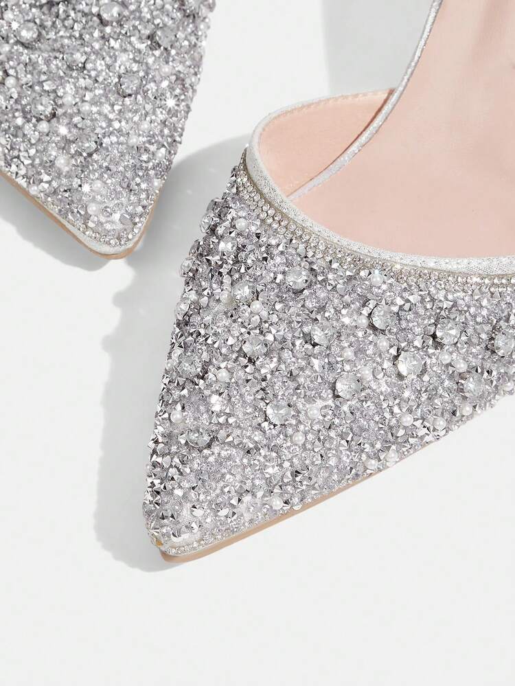 CUCCOO TILAWA Women Shoes Pointed Stiletto Silver Rhinestone Ankle Strap Sexy Fashion Gorgeous Banquet Party Nightclub Women High Heel Shoes Hollow Shoes