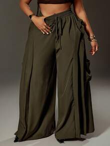 Maweii Quần cargo nữ cỡ lớn có túi bèo nhún, kiểu dáng thể thao đường phố thường ngày mùa xuân/hè, màu xanh lá cây. - xanh quân đội - Xem 1