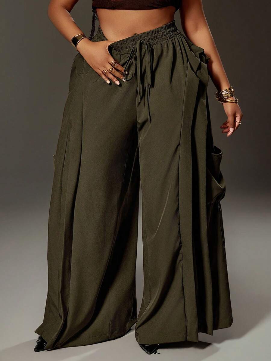 Maweii Quần cargo nữ cỡ lớn có túi bèo nhún, kiểu dáng thể thao đường phố thường ngày mùa xuân/hè, màu xanh lá cây. - xanh quân đội - Xem 1