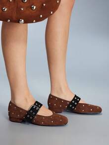 CUCCOO GRLICON Fashionable Studded Square Toe Mary Jane Shoes - Brown - View 4