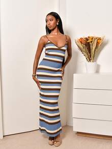 Mima John 女士春夏新款针织连衣裙，交叉吊带露背钩花连衣裙，波西米亚条纹长裙，度假连衣裙，优雅女士连衣裙 - 彩色 - 查看 6