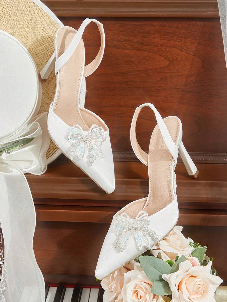 CUCCOO HITCHD Women Shoes Outdoor Women's Pointed Thin High Heel Bow Decorative Satin Fabric Stylish Simple Breathable Comfortable Daily Party Wedding Banquet Slip-On Elastic Band Solid Color Dew Heel High Heel Shoes Elegant Shoes Wedding Shoes