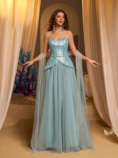 Glamrae Women's Beaded & Rhinestone Decorated Strapless Formal Evening Gown