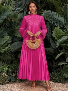 SHEIN Lady Đầm nữ cỡ lớn màu đỏ hồng cổ đứng vai rớt tay dài dáng rộng xếp ly thường ngày, đầm dự tiệc nhà thờ, đầm maxi xếp ly, đầm maxi tay dài, đầm maxi tím, đầm mùa đông, đầm bốn mùa, bộ sưu tập thời trang sành điệu, đầm mùa hè, đầm mùa xuân, đầm thanh lịch cho nữ, trang phục đi nghỉ mát, đầm dự tiệc, đầm cưới và sự kiện, đầm khách mời đám cưới cho nữ. - Màu Hồng Tươi - Xem 5