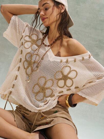 Bohemela Top tricotat cu imprimeu floral 3D și gol pe spate, stil Vacation Beach