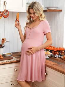 SHEIN Vestido de maternidad y lactancia casual de cuello redondo y unicolor para mujeres - Rosa - Ver 2
