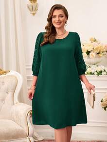 Miaspire 大码女式网眼撞色黑色优雅黑色母亲节连衣裙春季女装 - 墨綠色 - 查看 3