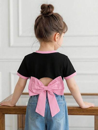 Young Girls Pink Patchwork Cute Round Neck Short Sleeve T-Shirt, Bow Design On Back, Suitable For Daily Outings And Travel