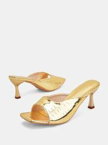 Glitzique 女士金色亮面方头高跟凉鞋，适合度假、婚礼、派对、宴会，金色鳄鱼纹高跟拖鞋 - 金色 - 查看 6