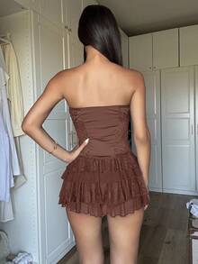 Ronhire Vintage Layered Lace Patchwork Bustier Waist Mini Dress - Coffee Brown - View 2