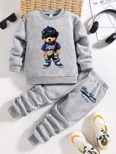 Conjunto de sudadera de cuello redondo y pantalón de chándal cálidos con estampado de dibujos animados para niños pequeños
