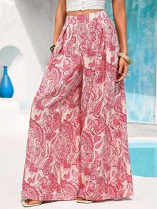 Vivid Eden Women's High Waist Wide Leg Palazzo Pants,Pastel Pink Paisley Print Loose Fit Trousers,Flowy Lightweight Bohemian Vacation Holiday,Boho,Autumn Beach - Hot Pink - View 1
