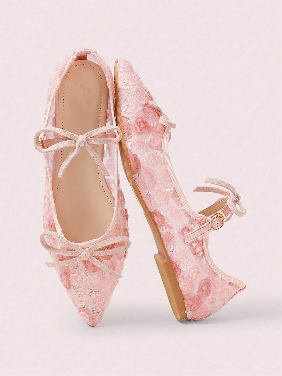 CUCCOO DOLLMOD Dam Rosa Mesh Blombroderi Mode Dubbel Rosett Söt Elegant Mary Jane Platta Skor - Rosa - Visa 1