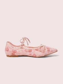 CUCCOO DOLLMOD Dam Rosa Mesh Blombroderi Mode Dubbel Rosett Söt Elegant Mary Jane Platta Skor - Rosa - Visa 3