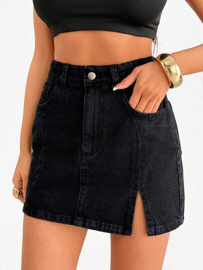 SHEIN 100% Cotton Black High Waist Denim Mini Skirt Button Front Slit Detailed Black Denim Skirt 2000s Style Jean Skirt Y2k Jean Skirt Mini