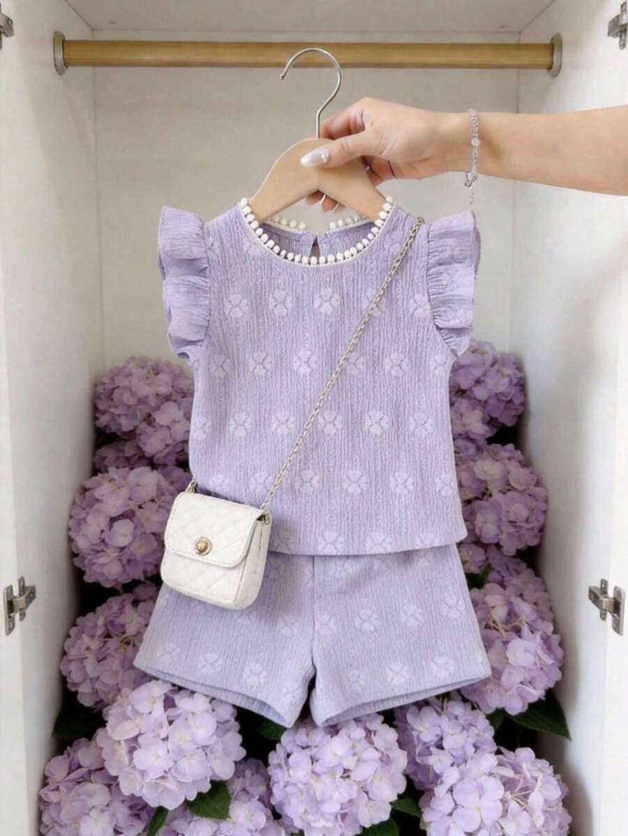 SHEIN 2件套女婴夏季返校季服装，3个月-3岁，紫色提花休闲可爱荷叶边领短袖T恤上衣搭配松紧腰短裤，柔软时尚，适合春夏外出和居家穿着，是馈赠佳品。 - 紫色 - 查看 1