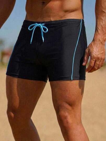Manfinity Swimmode 男士蓝色条纹拼接运动沙滩休闲泳裤 蓝色抽绳泳裤 男士黑色泳裤 男士泳裤 蓝色抽绳泳裤 黑色泳裤