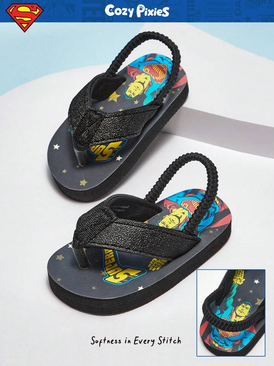 SUPERMAN X Cozy Pixies 1 Đôi dép lê mùa hè đế bằng màu đen dễ thương, ngộ nghĩnh, dễ phối đồ cho bé, thích hợp đi biển hoặc đi nghỉ mát. - màu đen - Xem 1