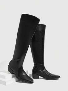 Daringsoles Women's Casual Fashion Chunky Heel Knee-High Boots - Black - View 2