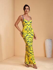 JIAN LASALA 全印花针织吊带V领无袖女士夏季长连衣裙波西米亚休闲度假优雅 - 黃色 - 查看 1