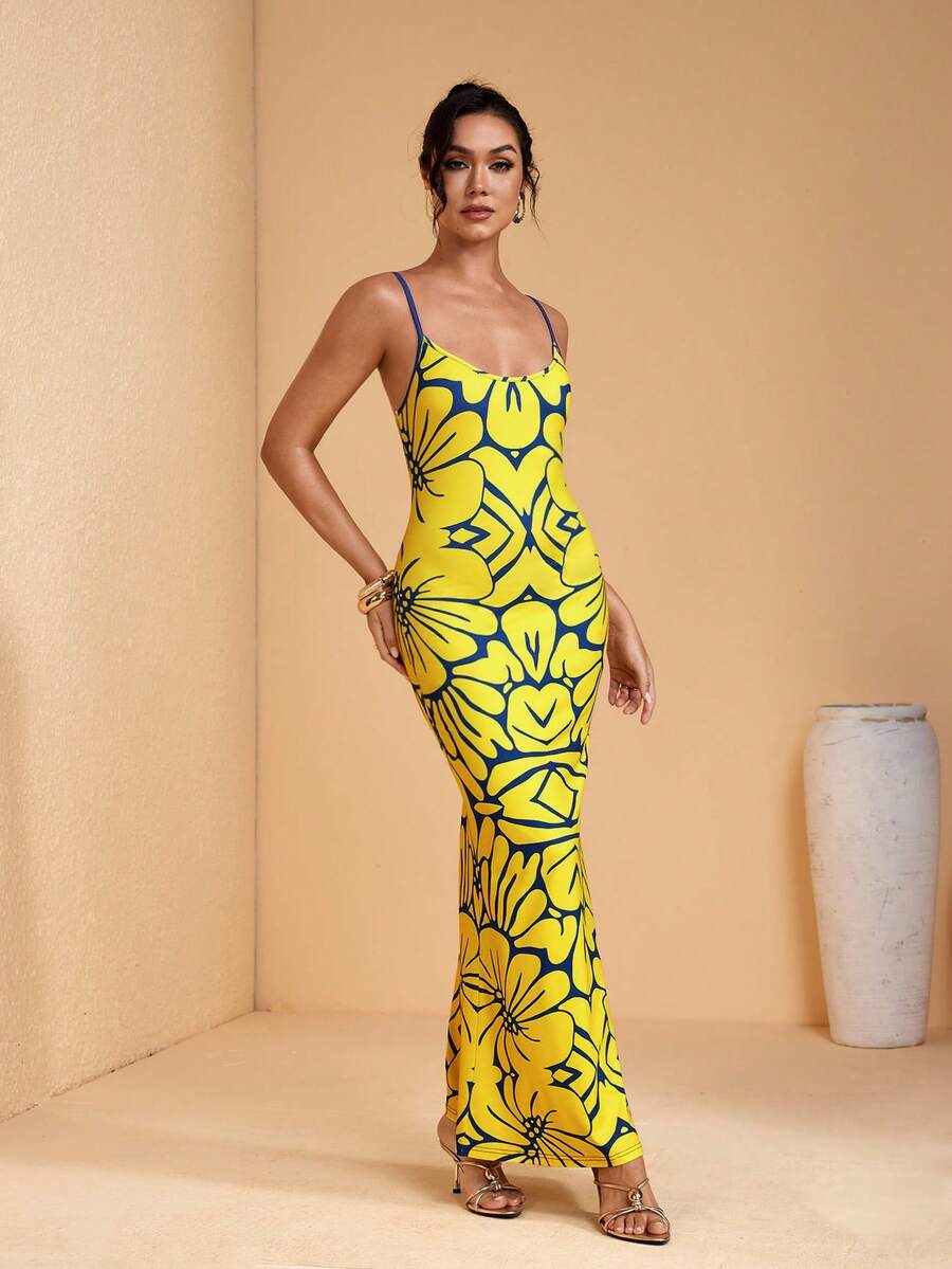 JIAN LASALA 全印花针织吊带V领无袖女士夏季长连衣裙波西米亚休闲度假优雅 - 黃色 - 查看 1