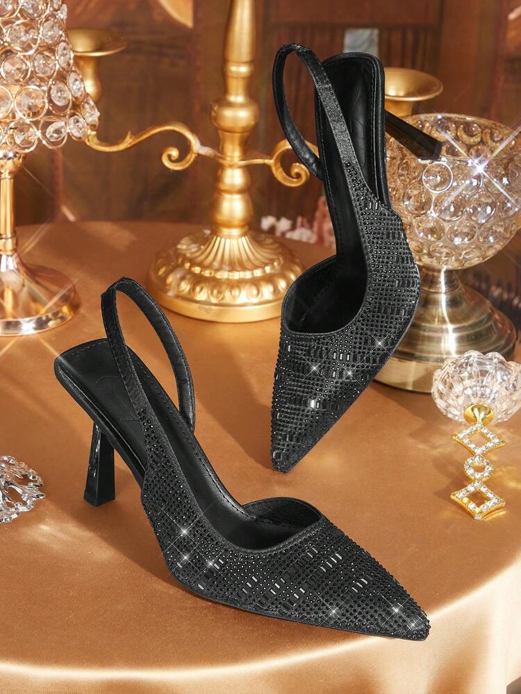 CUCCOO TILAWA Women Shoes Pointed Stiletto Black Rhinestone Gorgeous Fashion Party Banquet Wedding Simple Women's High Heel Shoes Slingback Women's Shoes