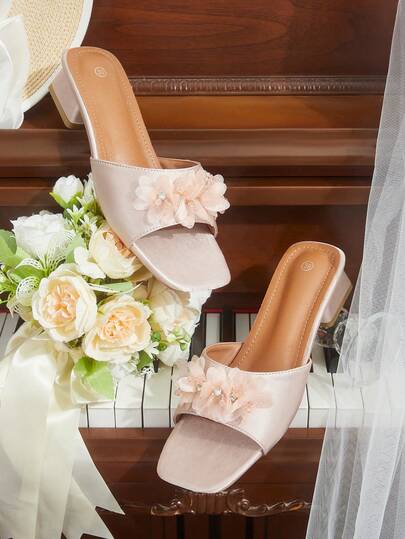 CUCCOO HITCHD Women Shoes Spring And Summer Decal Rhinestone Element Square Toe 4CM Coarse Heel Fashion Style Champagne Satin Fabric Coarse Heel Slippers Wedding Valentine's Day Wear