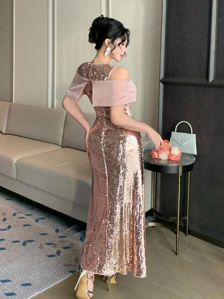 Women's Elegant Sequin Patchwork Cold Shoulder Mid-Length Dress, Spring/Summer, Wedding Guest Dress Women Dress Sundress