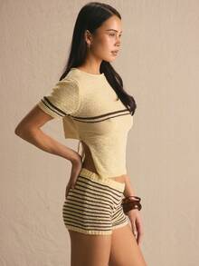 MUSERA Conjunto de top de manga corta con lazo en la espalda y shorts a rayas, estilo primavera-verano, acogedor, lindo, diario, vacacional, al sol, social - Café integral - Ver 4