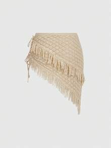 ROMWE 复古度假三角系带流苏仿钩针编织裙 - 杏色 - 查看 6