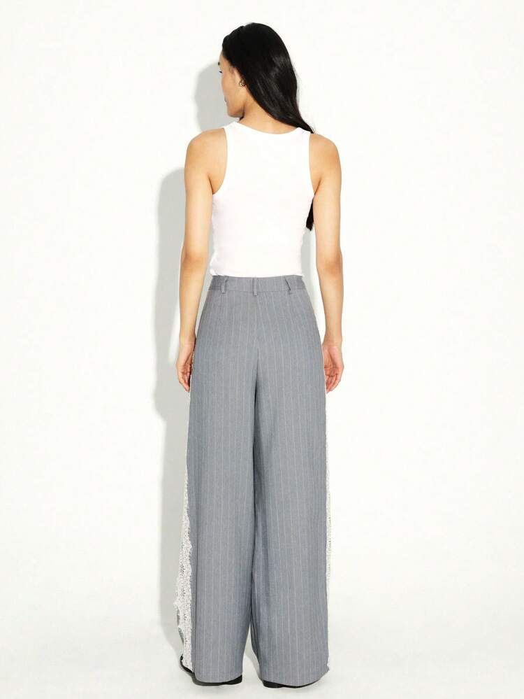KSTM Striped Wide Leg Pants With White Lace Side Detail High Waisted Pinstripe Trousers Elegant Office Formal Palazzo Style Bottoms