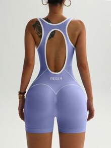 Easithlete Mono deportivo sin espalda y sin mangas con diseño de ribete para mujer - Azul - Ver 4