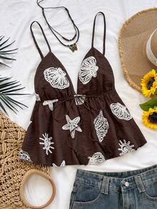 Soleia New Casual Sexy Vacation Shell Embroidered Spaghetti Strap A-Line Bohemian Camisole Golf White Summer - Brown - View 1
