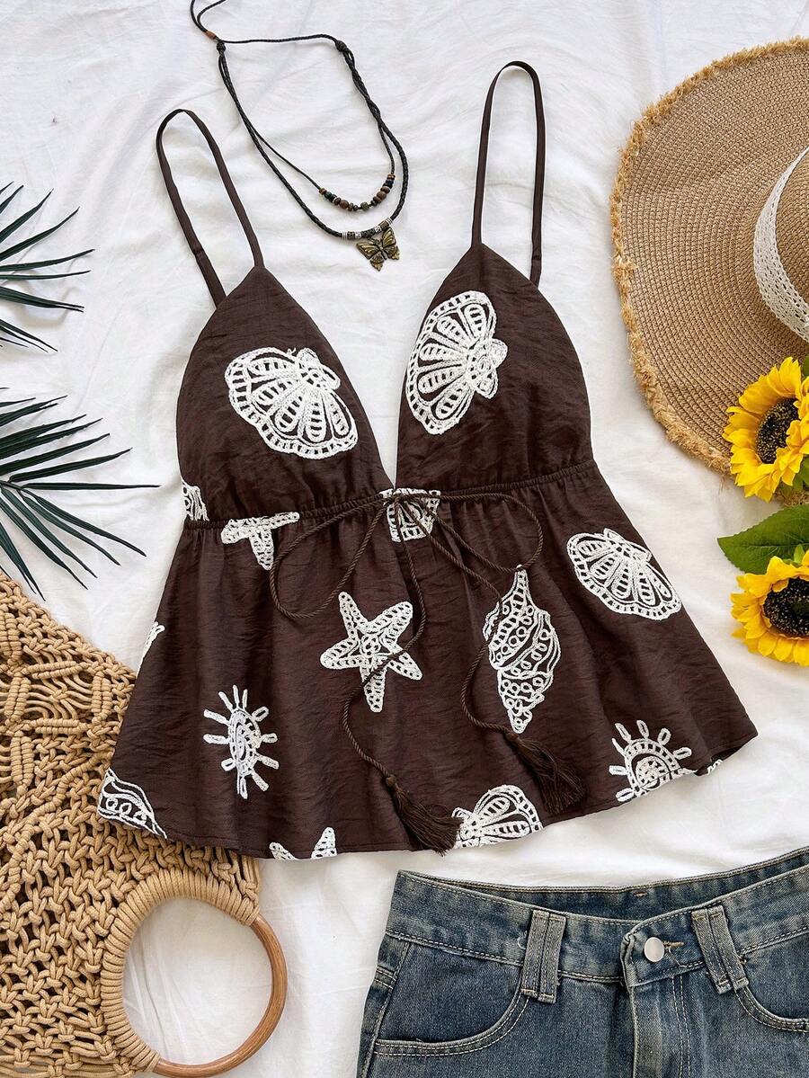 Soleia New Casual Sexy Vacation Shell Embroidered Spaghetti Strap A-Line Bohemian Camisole Golf White Summer - Brown - View 1