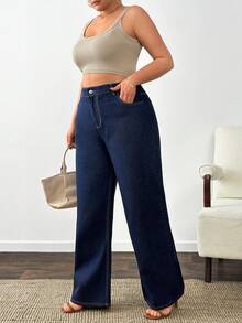 SHEIN Plus 100% High Waist Washed Straight Jean - Dark Wash - View 3