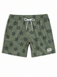 Manfinity Swimmode Men's Beach Vacation Casual Printed Drawstring Swim Trunks - Army Green - View 6