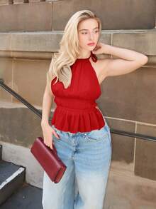 Turnttoni Women's Pleated Halter Neckline Waist-Tied Backless Tank Top - Burgundy - View 4