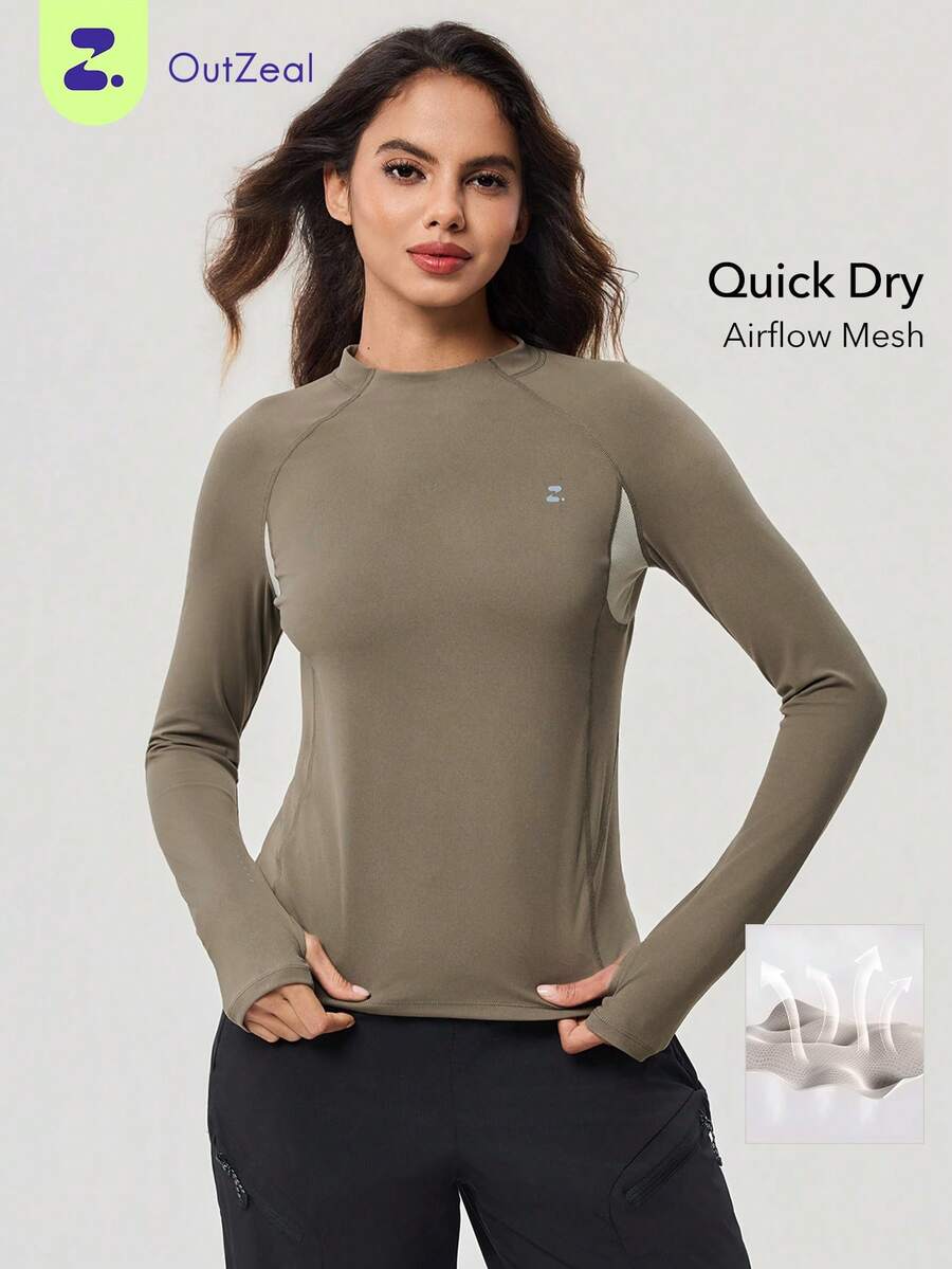 OutZeal 女士运动T恤 跑步健身服 速干吸湿长袖圆领网眼设计运动上衣 - 軍綠色 - 查看 1