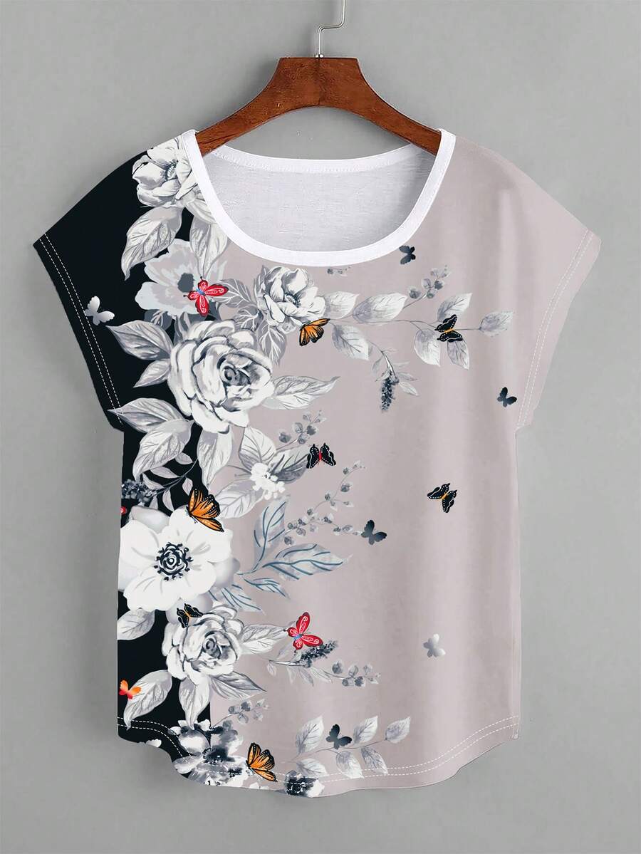 SHEIN LUNE 花卉印花蝙蝠袖弧形下摆T恤衫 女式上衣 - 彩色 - 查看 1