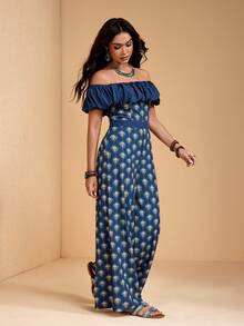 JIAN LASALA All-Over Print Off-Shoulder Wide-Leg Woven Women Summer Jumpsuit Vacation Boho Casual Wear - Navy Blue - View 6