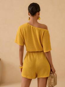 Lyxana Women's Jacquard Knit Asymmetrical Shoulder Cinched Waist Romper - Yellow - View 2