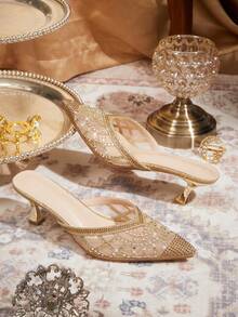 CUCCOO TILAWA Zapatos de mujer Zapatos de tacón de aguja dorados con rhinestones y malla de moda para fiesta y cena, elegantes y sexys, zapatos de tacón de gatito, zapatos de tacón alto, zapatos mule sin talón - Dorado - Ver 1