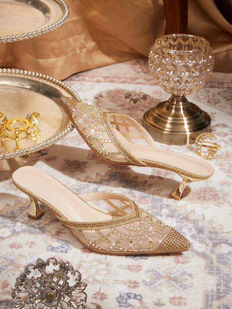 CUCCOO TILAWA Women Shoes Women's Fashion Pointed Golden Rhinestone Mesh Splicing Fashion Party Dinner Gorgeous Sexy Kitten Heel Women's High Heel Shoes Mule Shoes Backless Shoes