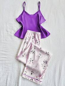 CottageSlumber Faux Silk Solid Color Camisole Top And Printed Pants Women Pajama Set Purple Pajama Set Lavender Pajama Set Floral Pajama Set Floral Print Pajama Set - Purple - View 2